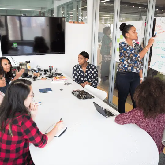 Équipe de développement logiciel de Connect iT en réunion de projet, discutant des solutions informatiques devant un tableau blanc dans un bureau moderne.